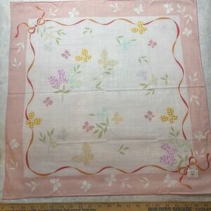 Vtg LAURA ASHLEY Scarf Handkerchief Butterfly Ribbon Cotton Pink 23x23